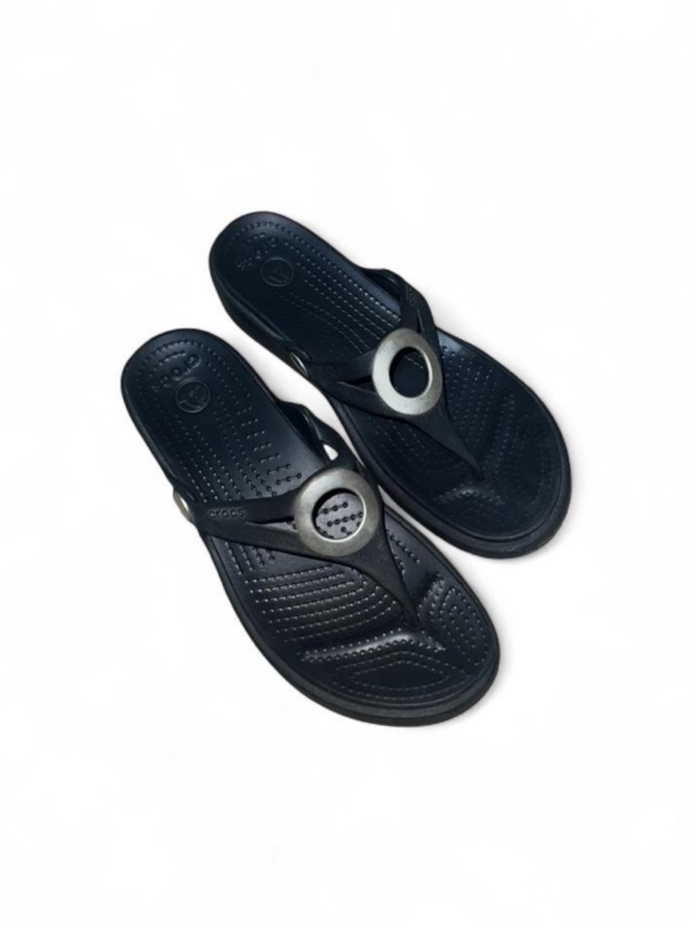 CROCS Women’s Black Sanrah Beveled Circle Wedge Sandals Casual Summer Size 7